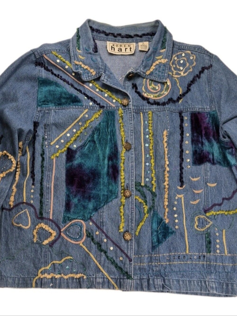 Keren Hart Vintage Embroidered Denim Jacket Womens 1X Embellished Velvet Sku624